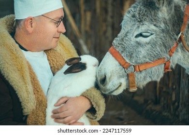Caring doctor veterinarian holds a rabbit in his arms and a donkey next to him. The veterinarian examines the animals - Powered by Shutterstock