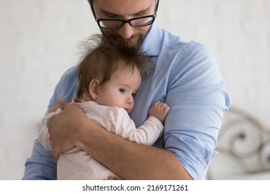 Caring Father Holds On Arms, Calming His Cute Baby, Embracing With Love Enjoy Moments Of Tenderness, Express Caress And Affection, Feels Happy Being Father, Close Up. Fatherhood, Family Bond Concept