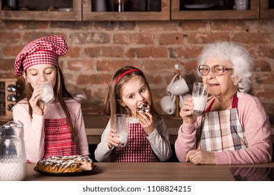 Caring Granny Two Little Granddaughters Drinking Stock Photo (Edit Now ...