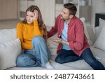 Caring guy trying to explain justify to emotional girl. Offended wife ignoring husband making excuses. Spouses squabbling, arguing, fighting. Quarrel over distrust, jealousy, insecurity of woman.