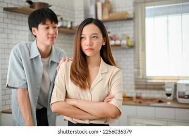 Caring and loving young Asian boyfriend is trying to comfort his angry girlfriend in the kitchen, asking for one more chance, apologizing. forgiveness, cheer up, showing care and understand. - Shutterstock ID 2256036379