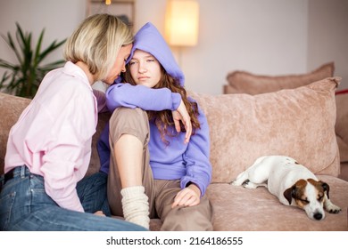 Caring Mom Touch Comfort Upset Teenage Daughter Having Difficulties With Studying At Home, Supportive Loving Mother Caress Console Sad Teen Child Suffering From School Problems