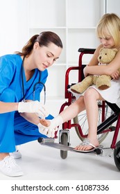 Caring Nurse Bandage Little Girl's Ankle