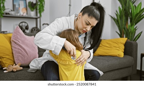 Caring woman doctor comforts young girl indoors, showcasing empathy and healthcare at home. - Powered by Shutterstock