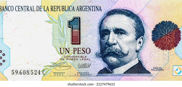 Carlos Pellegrini - President Of Argentina, Portrait From Argentina 1 Peso 1993 Banknotes. 