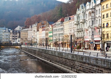 CARLSBAD, CZECHIA - NOVEMBER 23: View of Carlsbad on November 23, 2011 in Carlsbad, Czechia. Town is historically famous for its hot springs (13 main springs, about many smaller, and warm-water River)