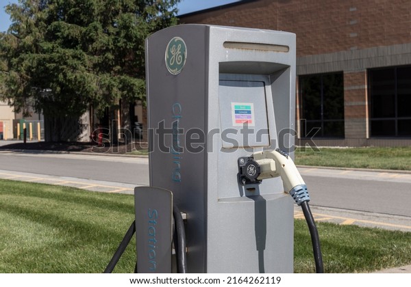 Carmel - Circa June 2022: GE Electric\
Vehicle EV Charging Station. The General Electric charging station\
offers fast recharging of electric\
vehicles.