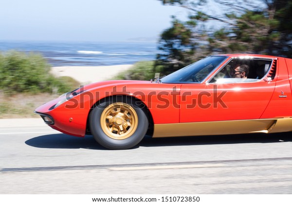 Carmel-By-The-Sea- August 15, 2019: This 1968\
Lamborghini Miura P400 SV Coupe headed south on Highway 1 during\
the Tour\
d’Elegance.