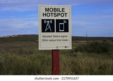 CARNARVON, WA - MAY 10 2022:Mobile Hot Spot Sign In Remote Location In Western Australia.Mobile Hotspots Are Devices That Connect To A Cellular Network, Like 4G Or 5G.