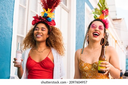 Carnaval In Brasil, People In Costume At Street Party. Brazilian Holiday, Two Women Walk And Smile Together.