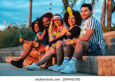 Carnaval Party In Brazil, Brazilian Friends Together Smiling At Street Festival In Costume