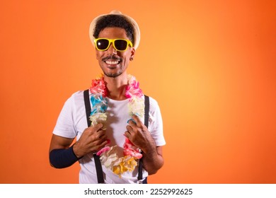 Carnival Brazilian Outfit. Black Man With Carnival Costume Having Fun,  Isolated on Orange Background - Shutterstock ID 2252992625