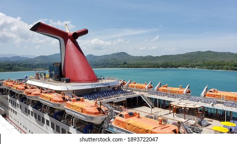 Carnival Cruise Line Ship With Huge Funnel At Port Of Amber Cove, Dominican Republic, January 2021