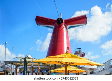 Carnival Cruise Line Ship Open Deck With Huge Red, White And Blue Colored Carnival Funnel. Miami, Florida, May 12, 2020