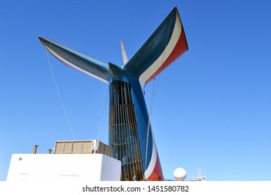 Carnival Cruise Ship Funnel In A Corporate Colors. Cozumel, Mexico. May 2019