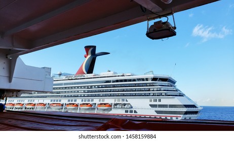 Carnival Cruise Ship Liner Funnel View From Another Cruise Liner Deck. Cozumel.  Mexico. May 23. 2019