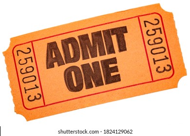 Carnival draw winner, admit one tickets and movie theater admission concept with close up on orange color raffle ticket isolated on white background with clipping path cutout - Powered by Shutterstock