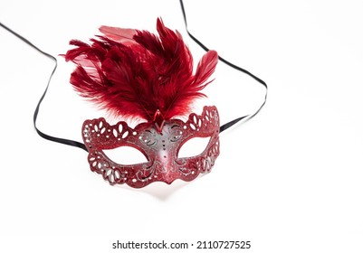 Carnival Mask Red Color With Feather Isolated On A White Background, Design Element