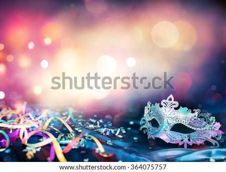 Carnival Mask, Streamers And Confetti For Festive Background
