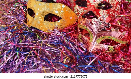 Carnival masks on colored background. Carnival costume. - Shutterstock ID 2119775075