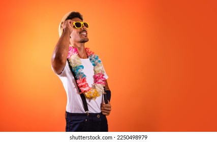 Carnival Outfit Party. Portrait of Black Man With Carnival Props Isolated on Orange Background, space for text.  - Shutterstock ID 2250498979