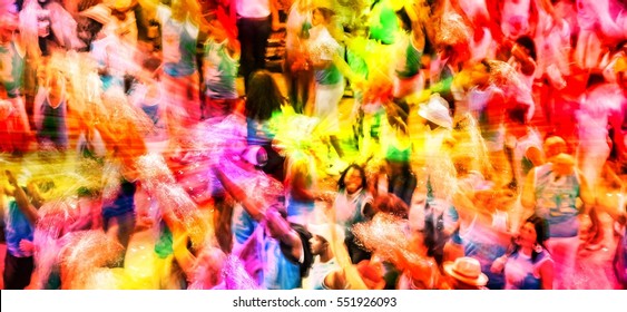 Carnival parade at the famous Sambodromo in Rio de Janeiro Brazil, Motion blurred background for website design template, travel business concept, samba dance school magazines. Image with filter