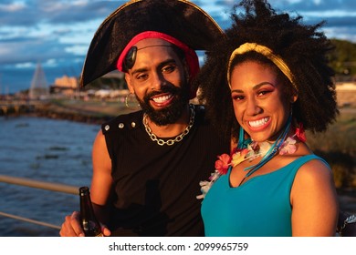 Carnival Party In Brazil, Brazilian Black Couple Having Fun At Street Festival Dressed