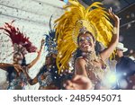 Carnival, performance and woman with samba for dance, parade and event in Brazil. Happiness, female dancer and celebration in city with creative fashion, confetti and music for tradition and culture