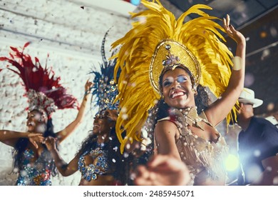 Carnival, performance and woman with samba for dance, parade and event in Brazil. Happiness, female dancer and celebration in city with creative fashion, confetti and music for tradition and culture