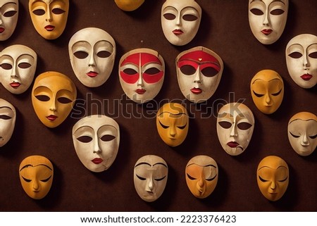 Carnival or theatrical masks with different emotions. Masks expressing happiness, joy, sadness, sadness, longing and other emotions, art performance