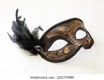 Carnival Venetian mask brown color with black feather decoration isolated on white background