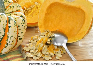 Carnival Winter Squash Cut And Whole Being Prepared To Cook.Close Up, Selective Focus.