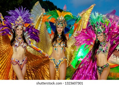 CARNIVALE,GOLD COAST, AUSTRALIA-12th JANUARY 2019:-Carnivale celebrations with street performers, dancers, bands and fire twirlers.