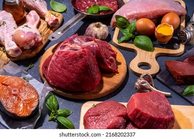 Carnivore diet background. Various non-vegan protein sources, Traditional Carnivore food - meat and fish, chicken breast, pork steak, beef steak, patty, heart, liver, eggs with spices for cooking - Shutterstock ID 2168202337