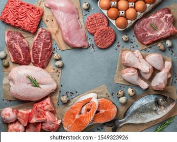 Carnivore Diet Concept. Raw Ingredients For Zero Carb Diet - Meat, Poultry, Fish, Seafood, Eggs, Beef Bones For Bone Broth And Copy Space In Center On Gray Stone Background. Top View Or Flat Lay.