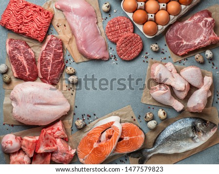 Carnivore diet concept. Raw ingredients for zero carb diet - meat, poultry, fish, seafood, eggs, beef bones for bone broth and copy space in center on gray stone background. Top view or flat lay.