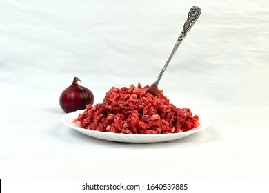 Carnivore Diet. Raw Ground Beef Lies On A Plate. Minced Meat. Conception Carnivor.