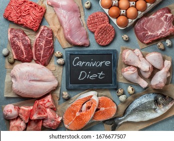 Carnivore diet, zero carb concept, top view - Shutterstock ID 1676677507