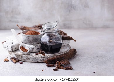 Carob pods, powder and molasses or syrup. Organic natural cocoa substitute