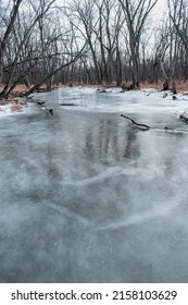 CAROL STREAM, UNITED STATES - Mar 16, 2022: A Vertical Shot Of Fox River Flowing In The Beautiful Forest In Winter In Illinois, USA