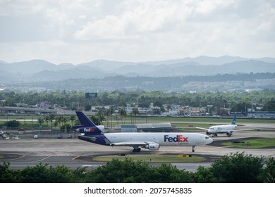 Carolina, Puerto Rico  United States - Oct. 30, 2021: A FedEx Plane Waits On The Tarmac At Luis Muñoz Marin Airport Before Taking Off. 