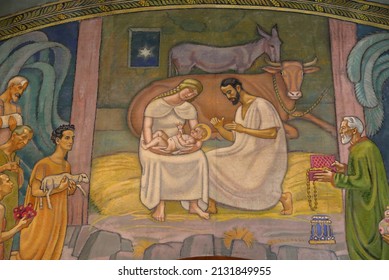 Carouge protestant temple.  Wall painting. The Nativity fresco by Eric Hermes.  Geneva. Switzerland.  12-20-2015