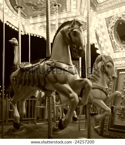 carousel horse ride in black and white