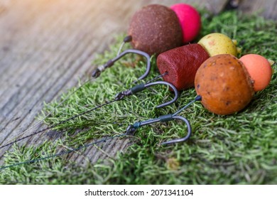Carp fishing chod rig.The Source Boilies with fishing hook. Fishing rig for carps,Carp boilies, corn, tiger nuts and hemp.Carp fishing food boilies. - Shutterstock ID 2071341104