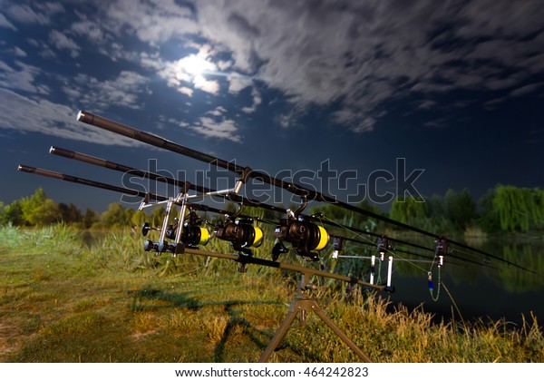 Carp spinning\
reel angling rods on pod standing.\
Night Fishing, Carp Rods,\
Cloudscape Full moon over\
lake.\
