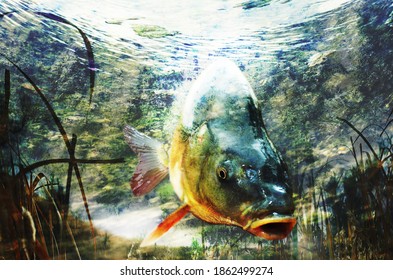 carp underwater in thickets of grass illustration