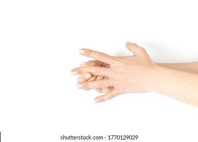 Carpal massage. Woman hand therapy, carpal tunnel syndrome protection. Female finger exercise, stretch therapy for pain wrist protective isolated on white background. Healthy yoga, exercise.