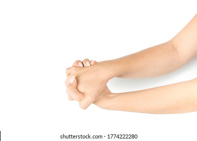 Carpal Massage. Woman Hand Therapy, Carpal Tunnel Syndrome Protection. Female Finger Exercise, Stretch Therapy For Pain Wrist Protective Isolated On White Background. Healthy Yoga, Exercise.