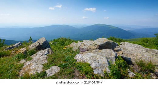 carpathian alpine meadows in evening light. beautiful mountain landscape with stones among the grass, trees on the hills and deep valleys. stunning view in to the distant open vista - Shutterstock ID 2184647847