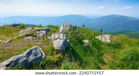 carpathian alpine meadows in evening light. beautiful mountain landscape with stones among the grass, trees on the hills and deep valleys. stunning view in to the distant open vista
